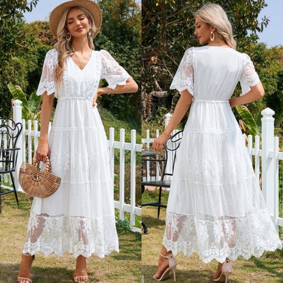 JJs House Dresses & Skirts - JJ's House Flower Ruffle V-Neck A-line Lace Maxi Dress #‎ 288443 White Large NEW